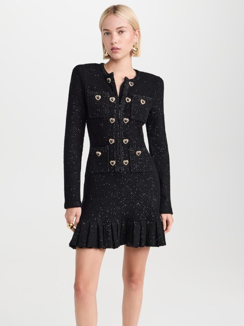 Self Portrait Black Buttoned Knit Mini Dress w/ heart Buttons, NWOT. Size Small